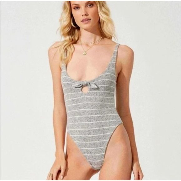 BEACH BUNNY Swimwear Peyton Bodysuit‎ Grey Cheeky Bow Keyhole, S NWT - Picture 2 of 12